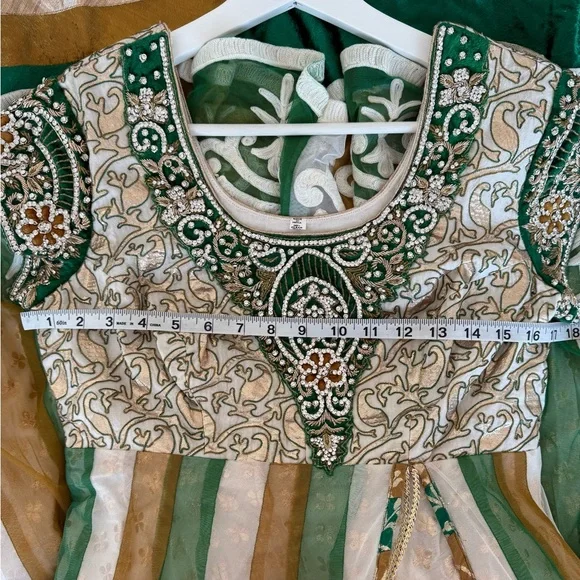 Indian Gold and Green embroidered Dress. Medium.